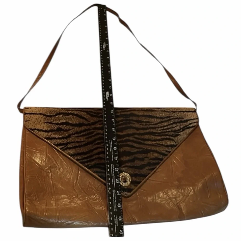 Gabriella cognac Brown leather animal print envelope crossbody bag communter bag